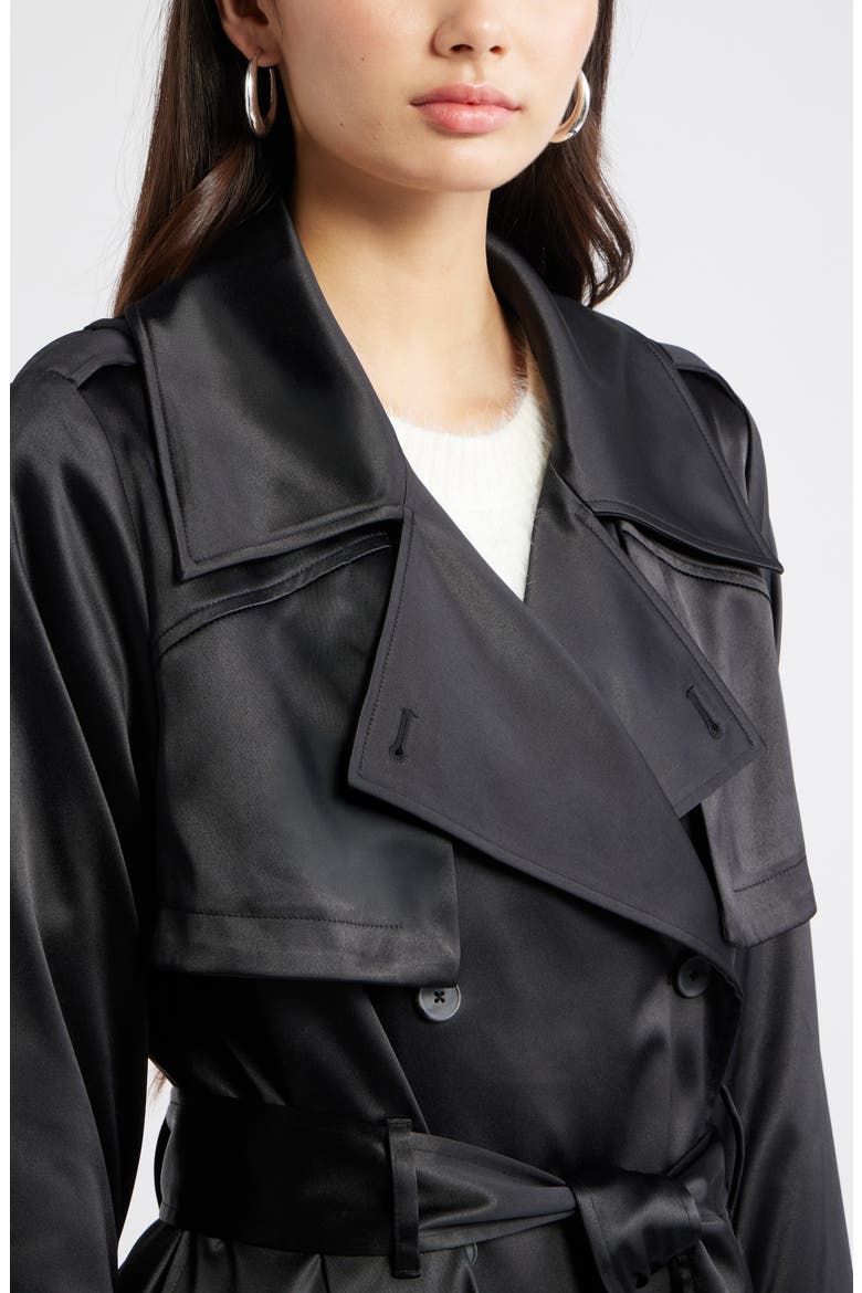 Belted Satin Trench Jacket, Alternate, color, BLACK