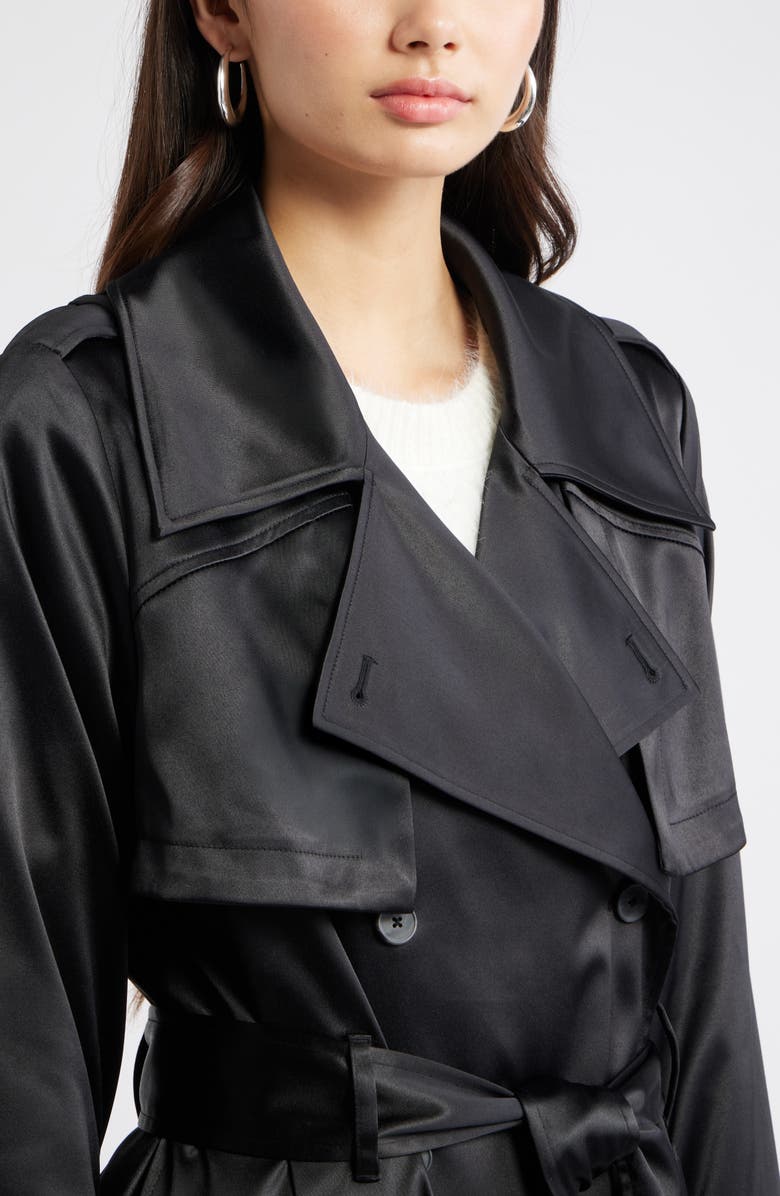 Open Edit Belted Satin Trench Jacket, Alternate, color, Black