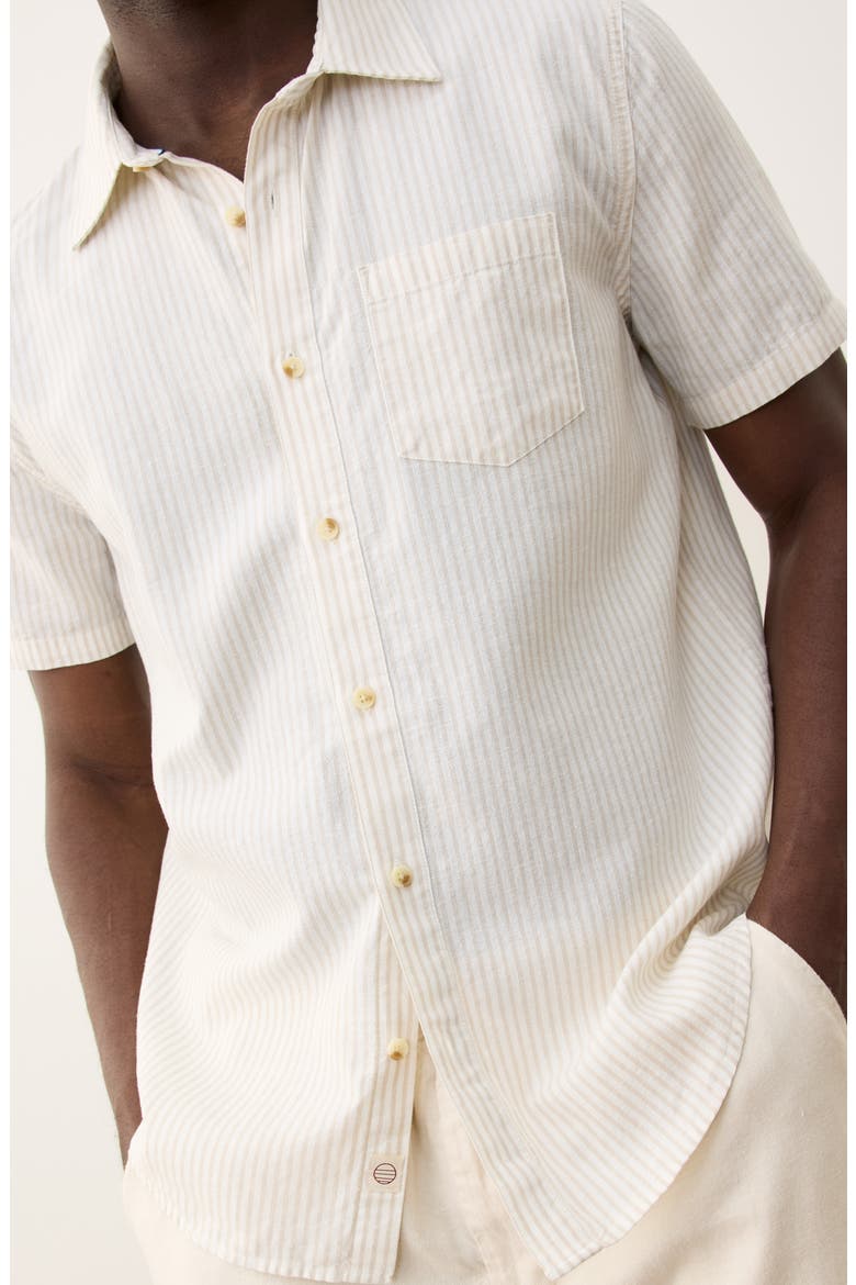 Better-Than-Linen Stripe Short Sleeve Button-Up Shirt, Alternate, color, TAN/ WHITE STRIPE