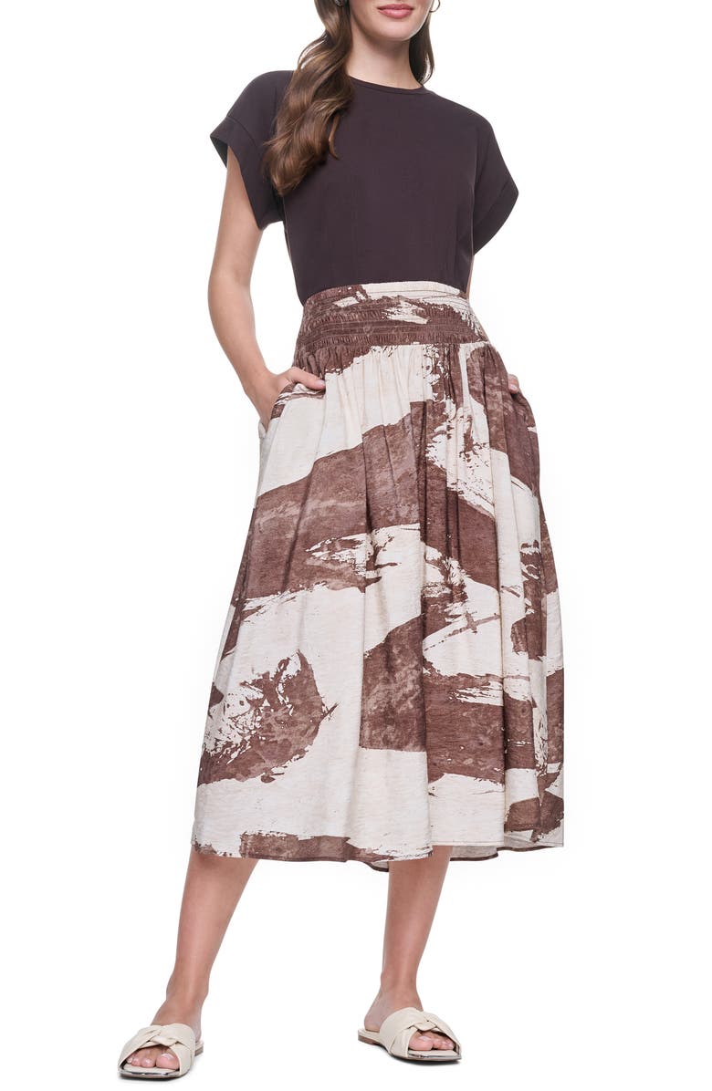 DKNY Smock Waist Pleated Skirt, Alternate, color, Coconut Brushstroke