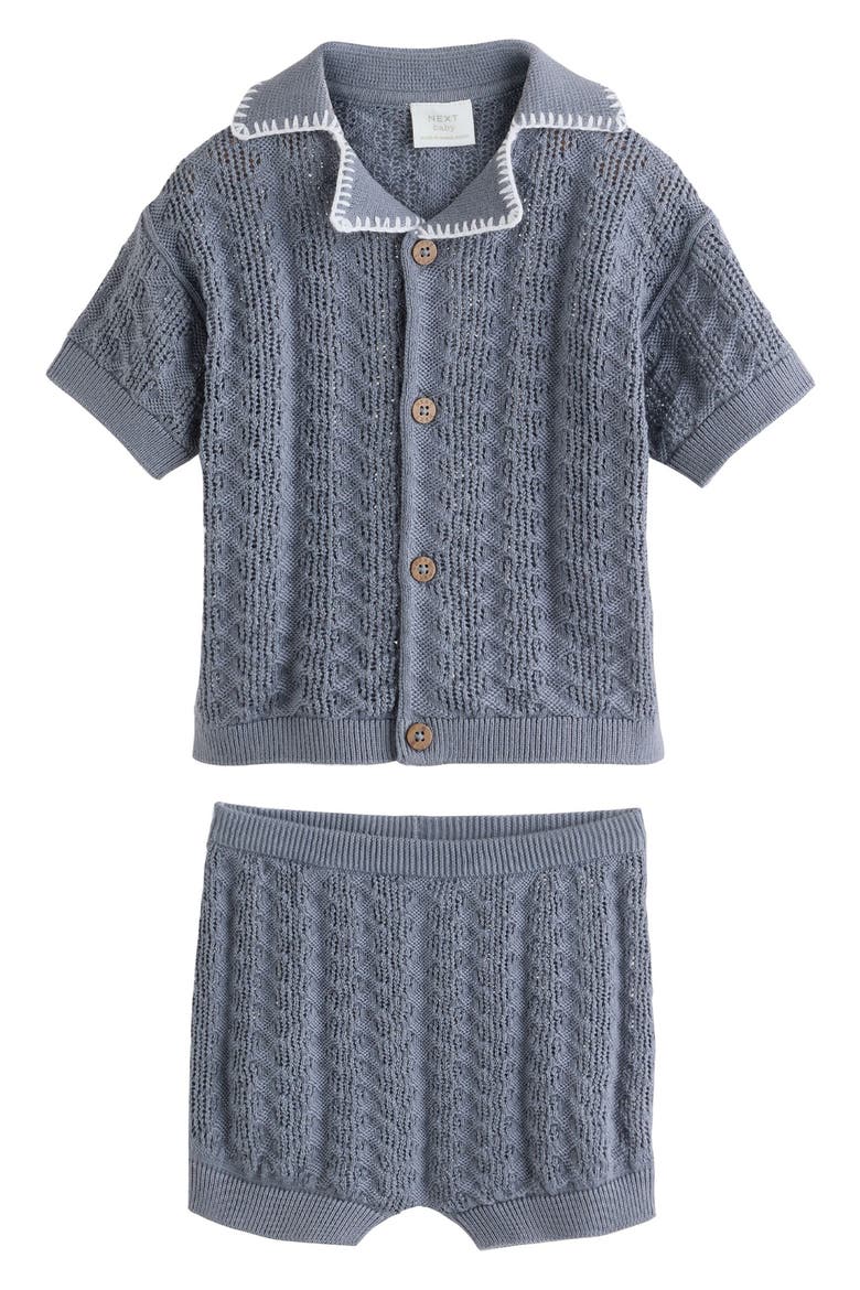 Cotton Knit Button-Up Shirt & Shorts Set, Main, color, BLUE
