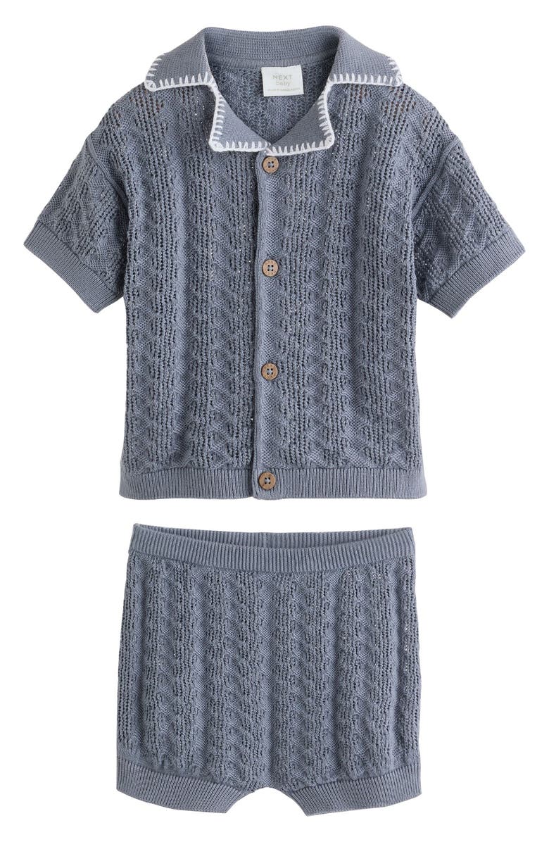NEXT Cotton Knit Button-Up Shirt & Shorts Set, Main, color, Blue
