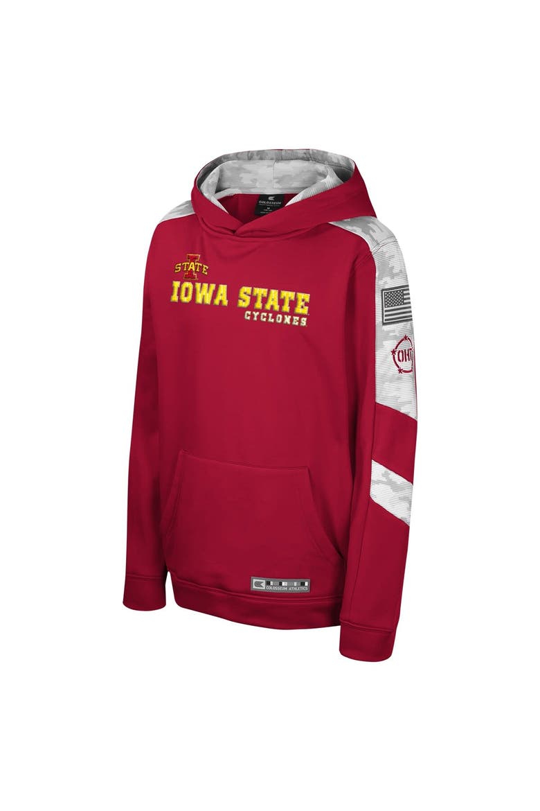 Youth Colosseum Cardinal Iowa State Cyclones OHT Military Appreciation Cyclone Digital Camo Pullover Hoodie, Alternate, color, Cardinal