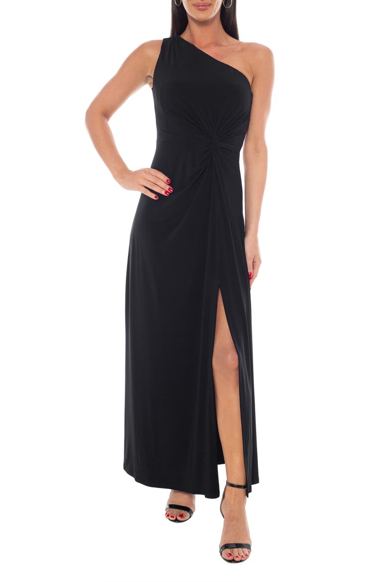 One-Shoulder Front Twist A-Line Gown, Main, color, BLACK