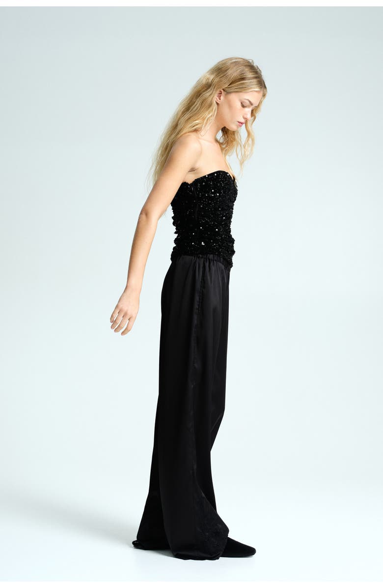 H&M Embroidered Satin Trousers, Alternate, color, Black