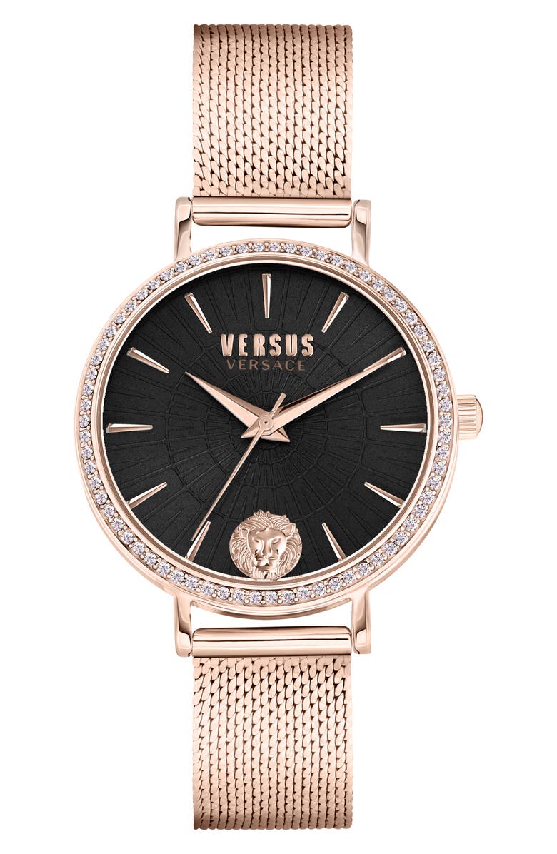 VERSUS Versace Mar Vista Crystal Mesh Strap Watch, 34mm, Main, color, Rosegold