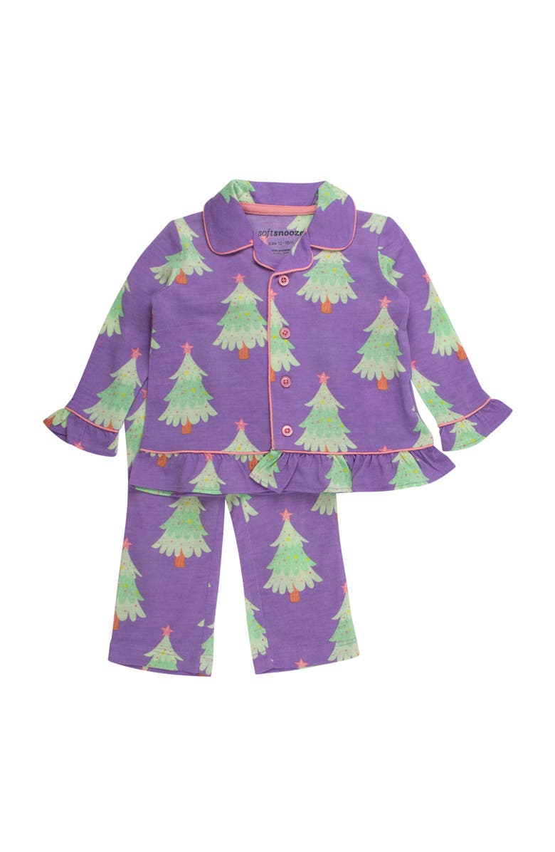 RuffleButts Holiday Ruffle Flare Pajama Set, Main, color, Purple Twinkling Trees