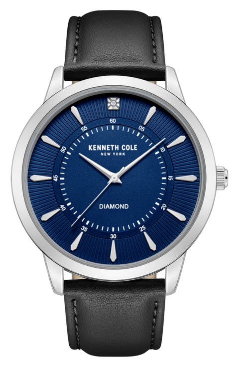 Genuine Diamond Leather Strap Watch, 44mm - 0.005ct.