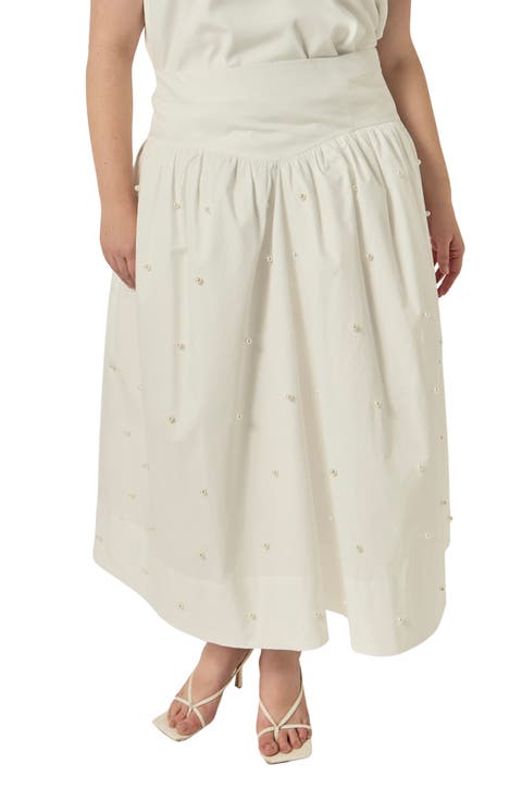 Imitation Pearl Studded Cotton Poplin Midi Skirt