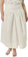 English Factory Imitation Pearl Studded Cotton Poplin Midi Skirt