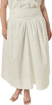 English Factory Imitation Pearl Studded Cotton Poplin Midi Skirt