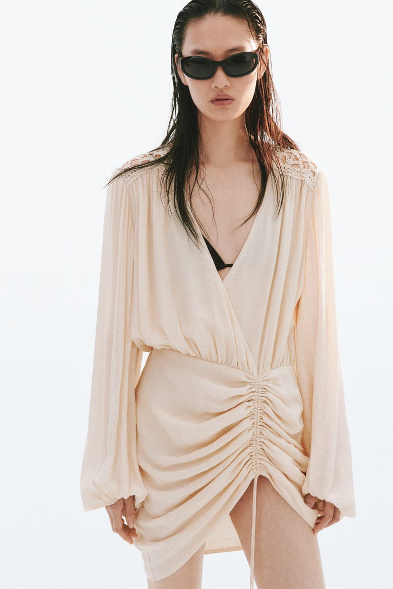 Drawstring-detail Balloon-sleeved Dress, Main, color, Light apricot
