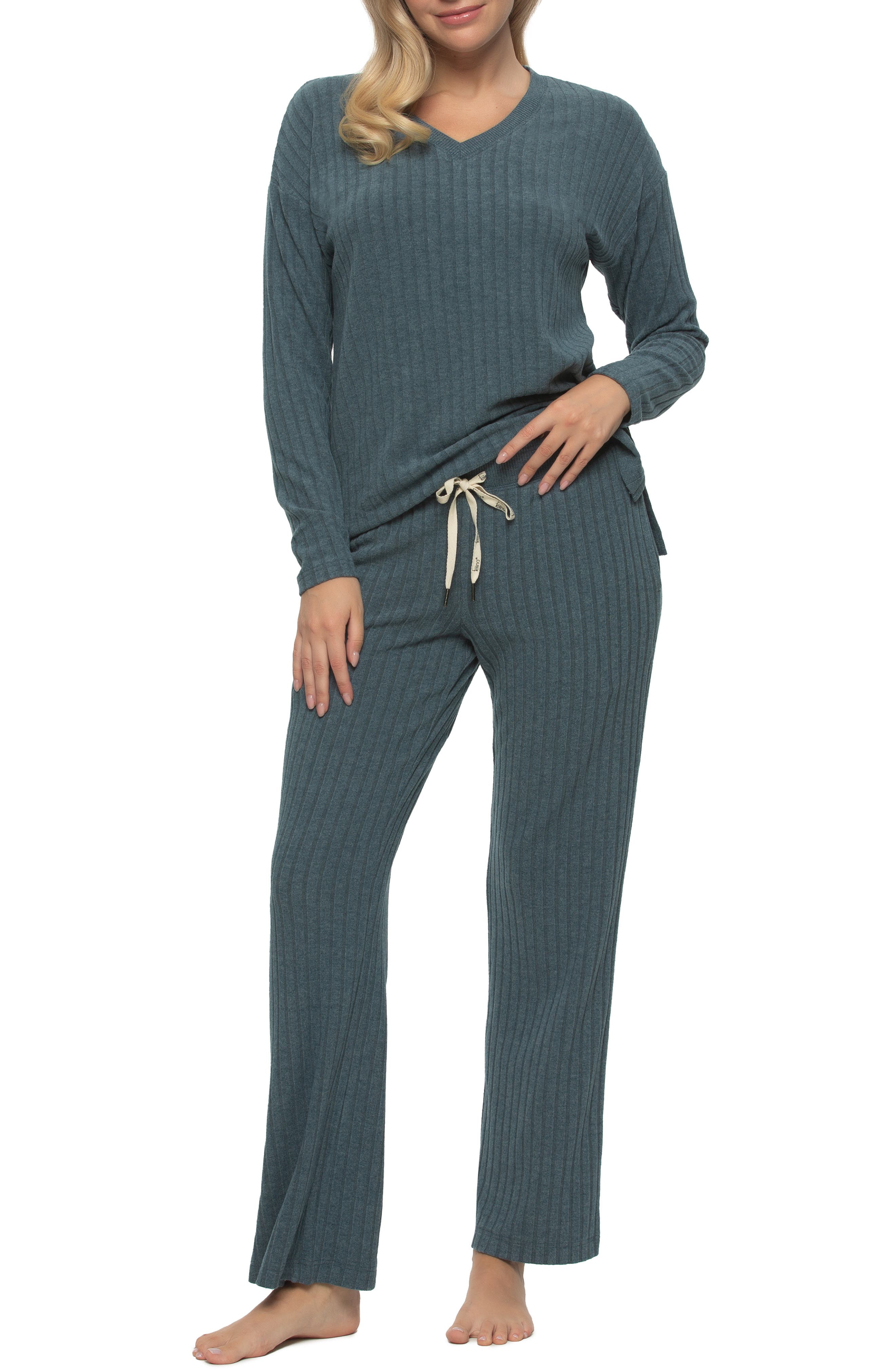 Felina Serena Long Sleeve Rib Knit Pajamas in Blue Wing Teal 
