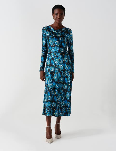 Immi Cowl Neck Printed Satin Midi Dress