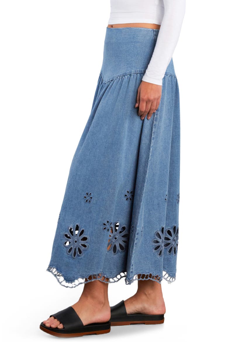 Camellia Floral Cutout Denim Maxi Skirt, Alternate, color, DREAM DENIM