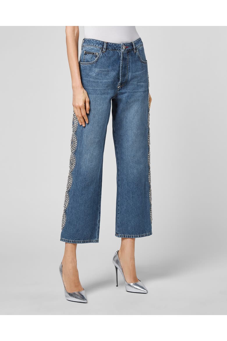 Denim Trousers Loose Fit Crystal Cable Women, Main, color, NewBaroqueBlue