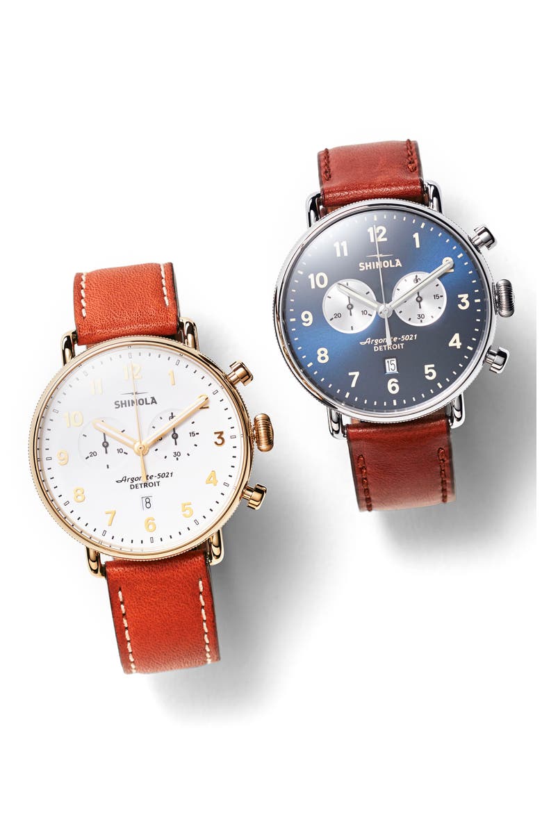 The Canfield Chrono Leather Strap Watch, 43mm, Alternate, color, TAN/ WHITE/ GOLD
