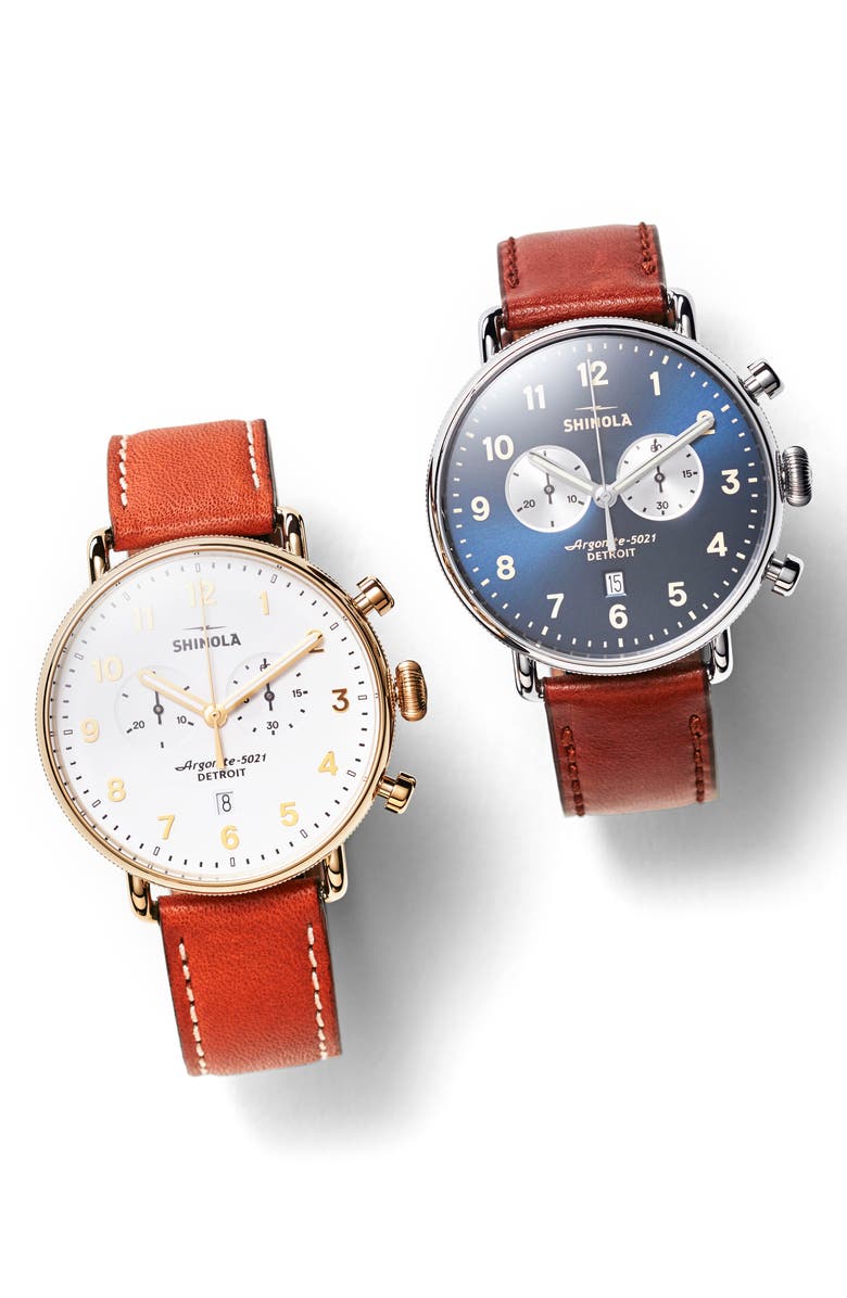 Shinola The Canfield Chrono Leather Strap Watch, 43mm, Alternate, color, Tan/ White/ Gold