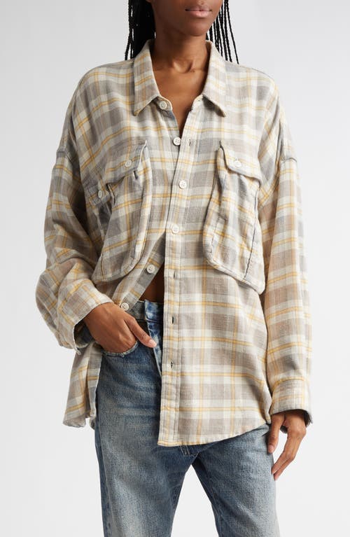 R13 Oversize Pocket Drop Neck Flannel Button-up Shirt In Cream/blue Plaid