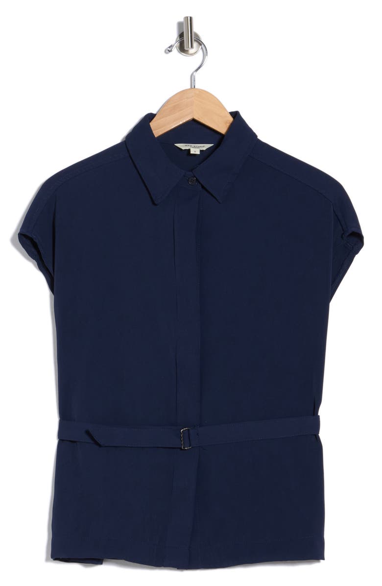 MAX STUDIO Belted Cap Sleeve Button-Up Shirt, Main, color, Dark Navy