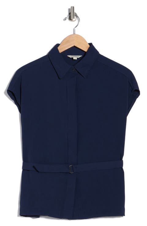 Belted Cap Sleeve Button-Up Shirt