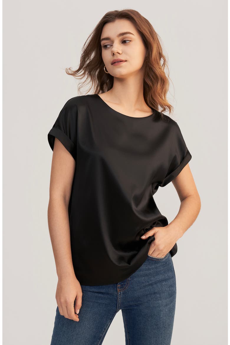 Women's Short Sleeves Round Neck Silk Tee, Alternate, color, Black