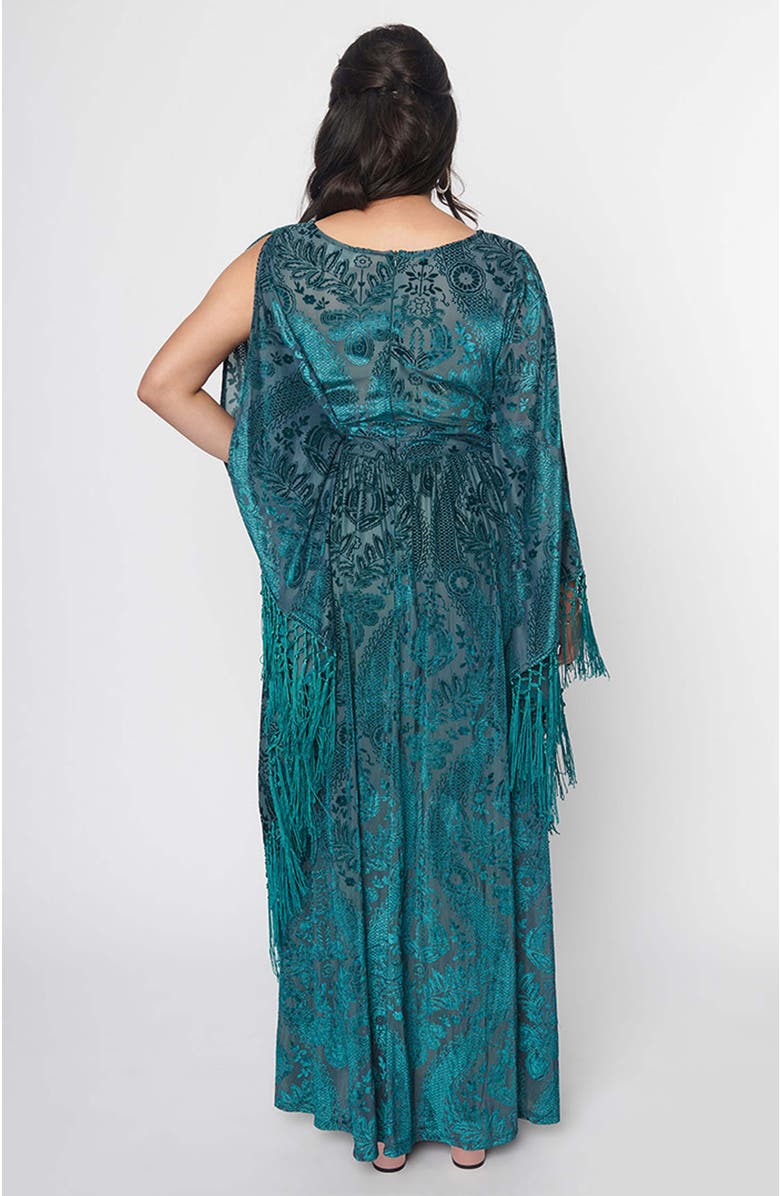 Unique Vintage 1960s Fringe Flutter Sleeve Caftan, Alternate, color, Emerald Floral