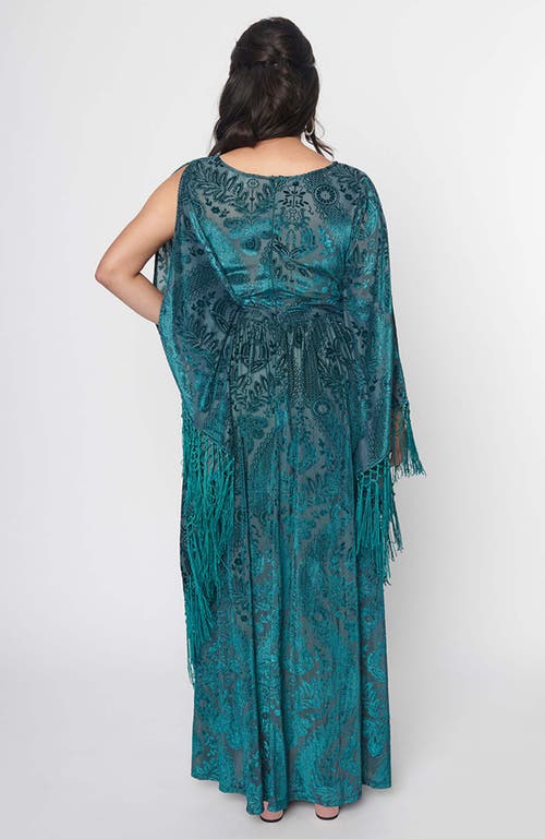 Unique Vintage 1960s Fringe Flutter Sleeve Caftan In Emerald Floral