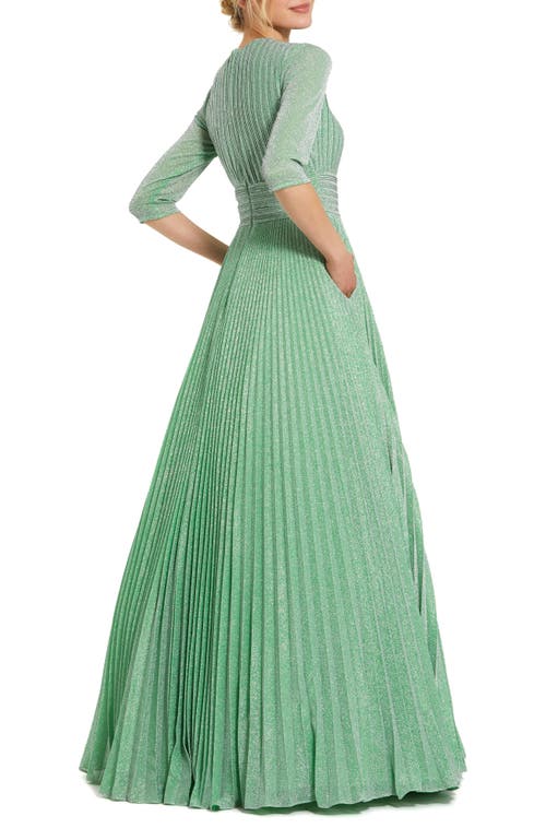 Mac Duggal Shimmering Georgette Pleated 3/4 Sleeve Gown In Sage