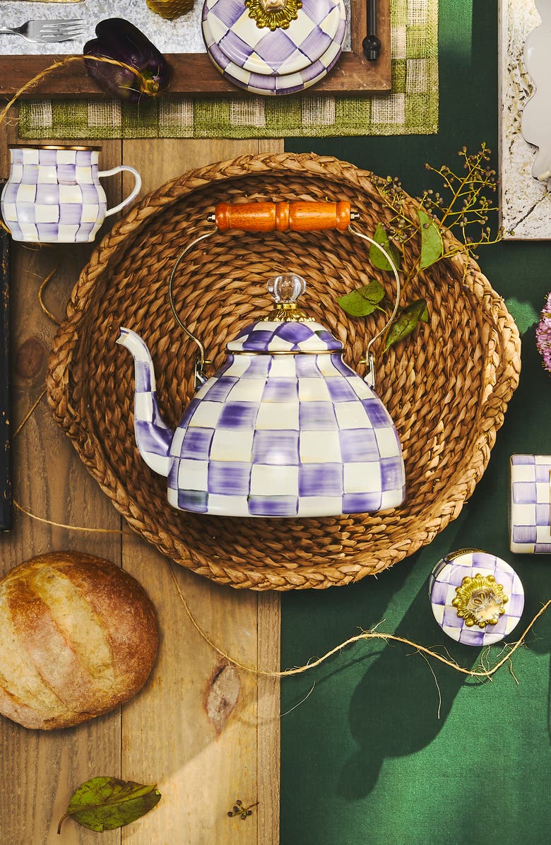 MACKENZIE CHILDS Violet Check Enameled Steel 3-Quart Tea Kettle, Alternate, color, Violet