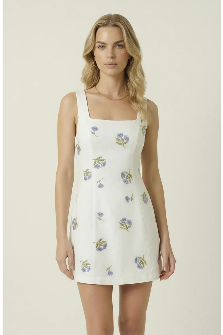 Floral Embroidered Open Back Mini Dress, Main, color, White / Floral