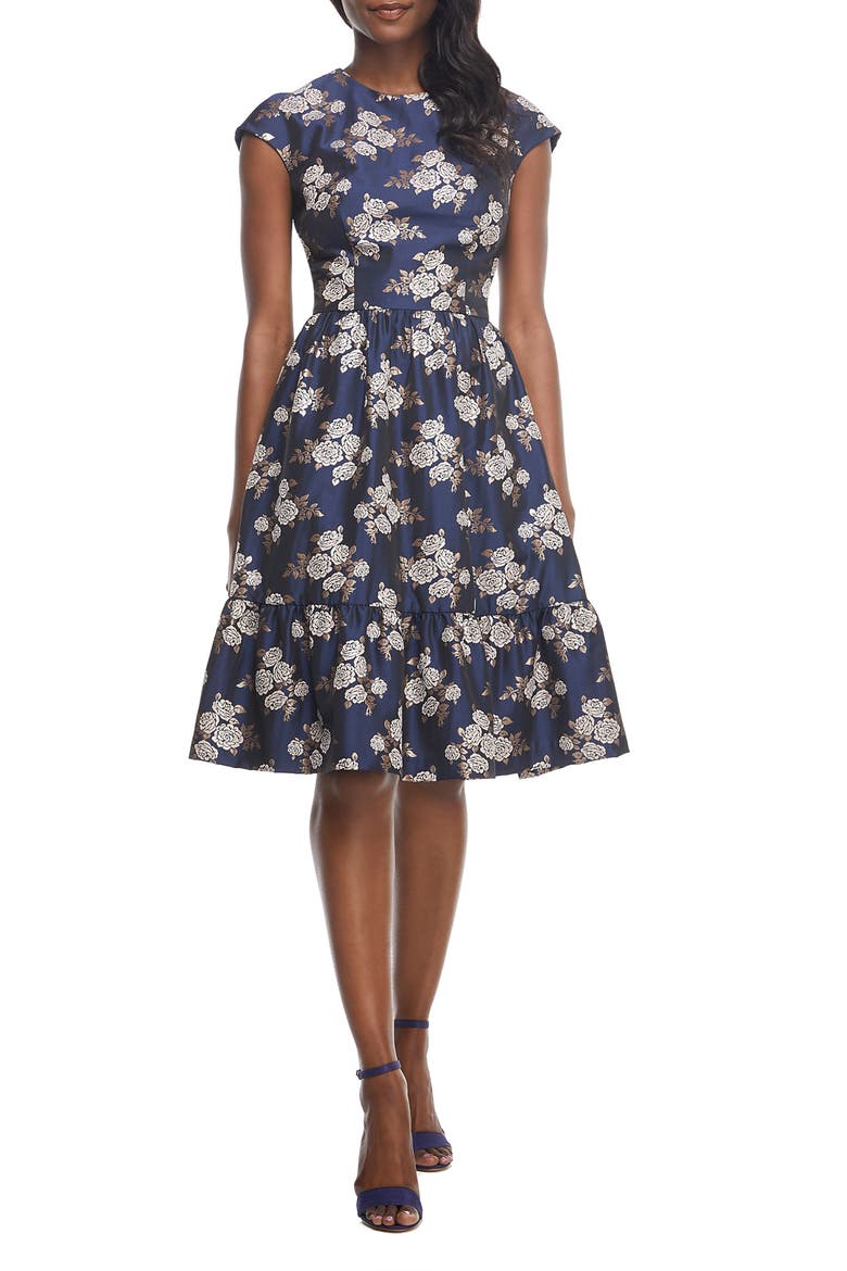 Jenny Wallpaper Rose Jacquard Fit & Flare Dress, Alternate, color, NAVY