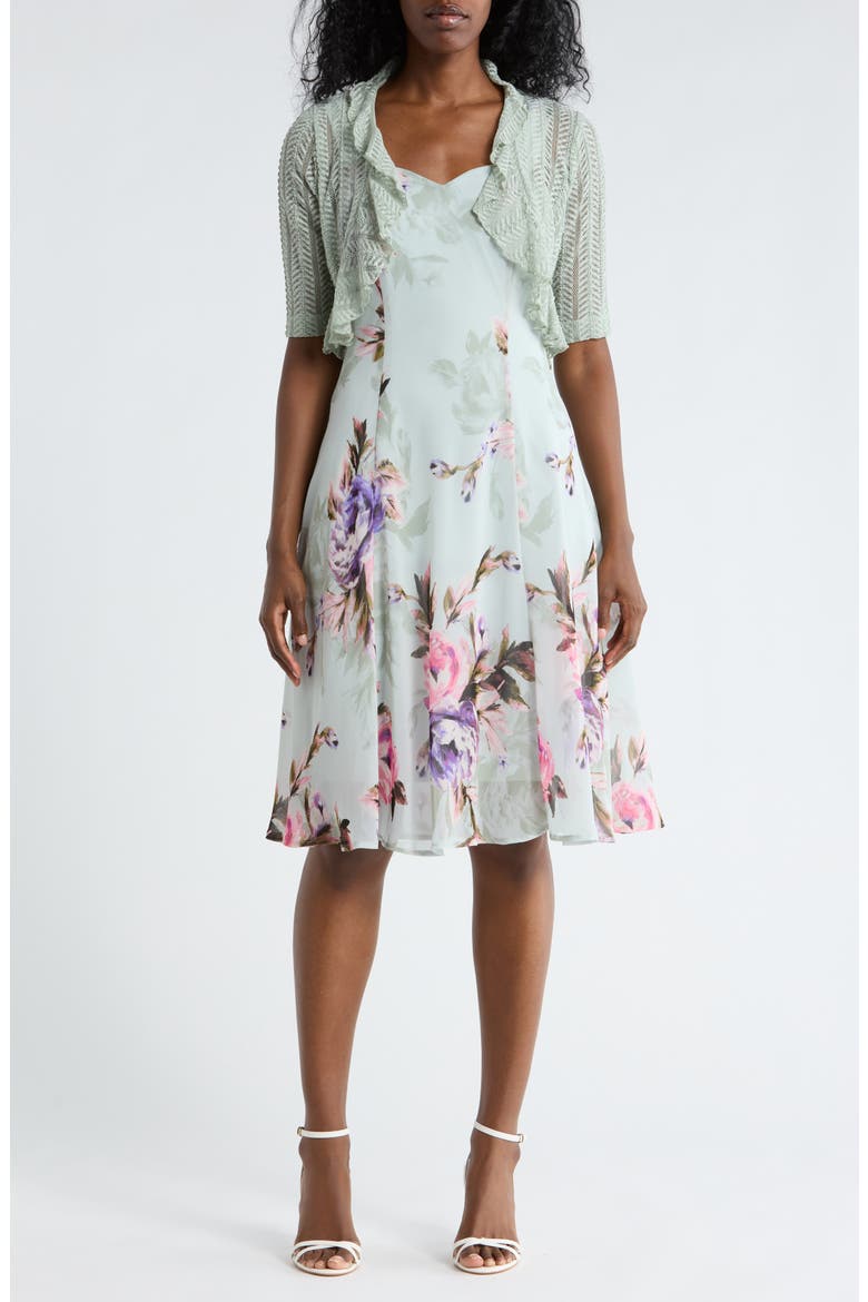 Floral Chiffon Dress & Lace Shrug Set, Main, color, SAGE
