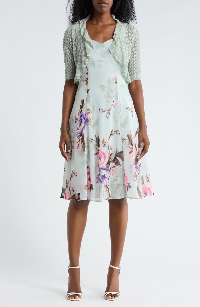 Connected Apparel Floral Chiffon Dress & Lace Shrug Set, Main, color, Sage