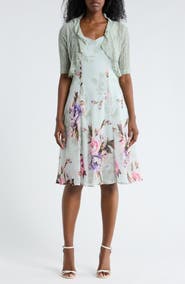 Connected Apparel Floral Chiffon Dress & Lace Shrug Set