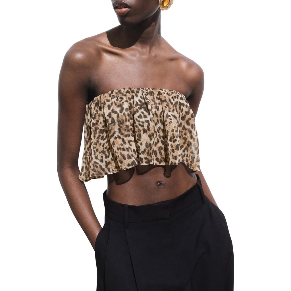 Mango Leopard Print Strapless Top In Brown