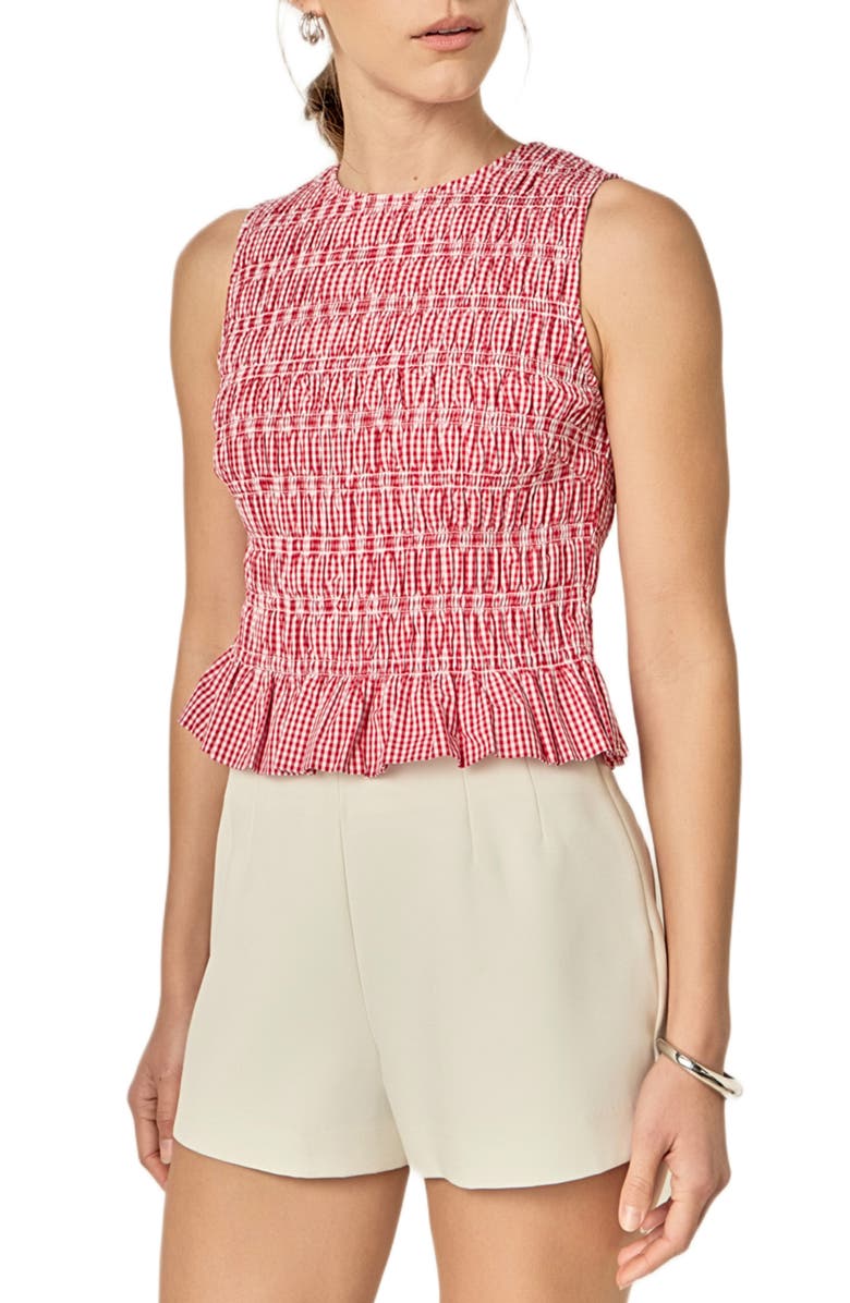 English Factory Smocked Frill Hem Sleeveless Top, Alternate, color, Red