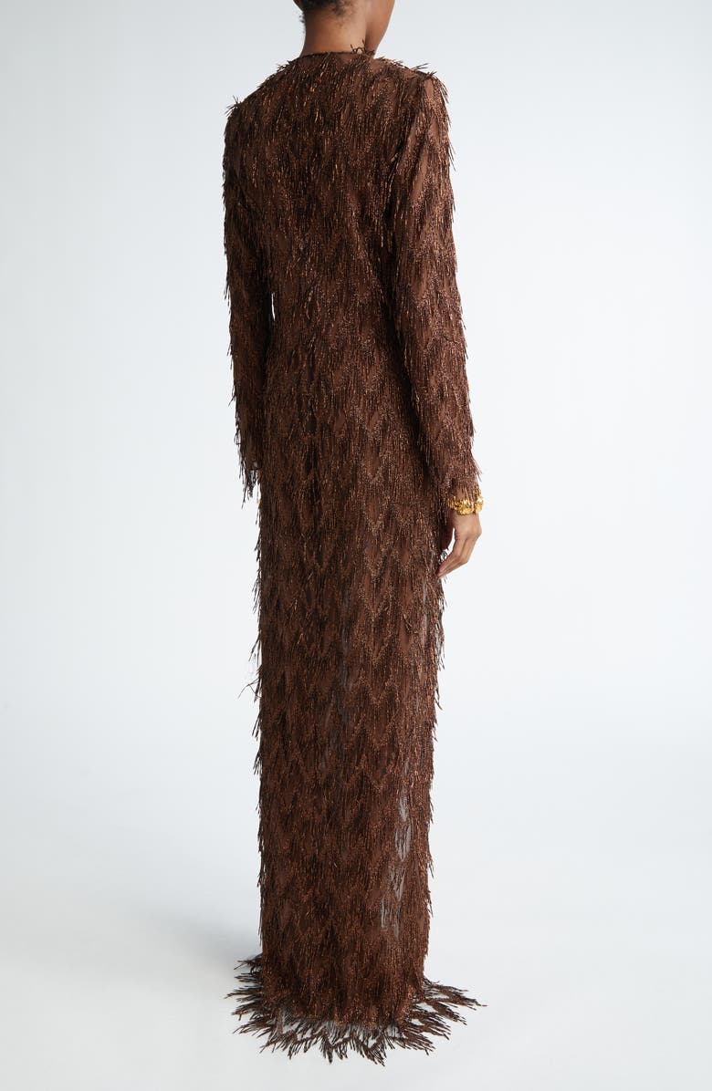 TOM FORD Long Sleeve Metallic Chevron Fringe Gown, Alternate, color, 