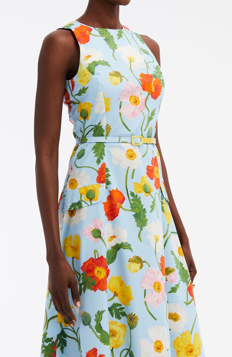 Oscar de la Renta Poppy Print Sleeveless Belted Dress, Alternate, color, 