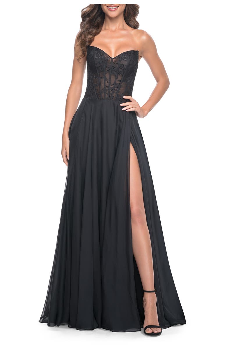 La Femme Strapless Chiffon Prom Gown with Lace Illusion Bodice, Alternate, color, Black