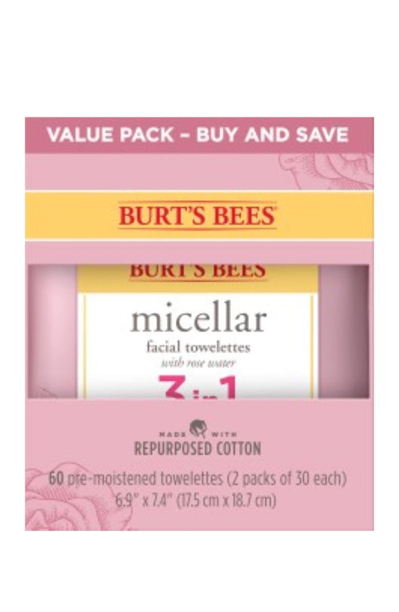 Burt's Bees Micellar 3 in 1 Facial Towelettes with Rose Water, 60 Count, Alternate, color,