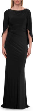 La Femme Draped Cape Sleeve Jersey Gown with Ruched Bodice