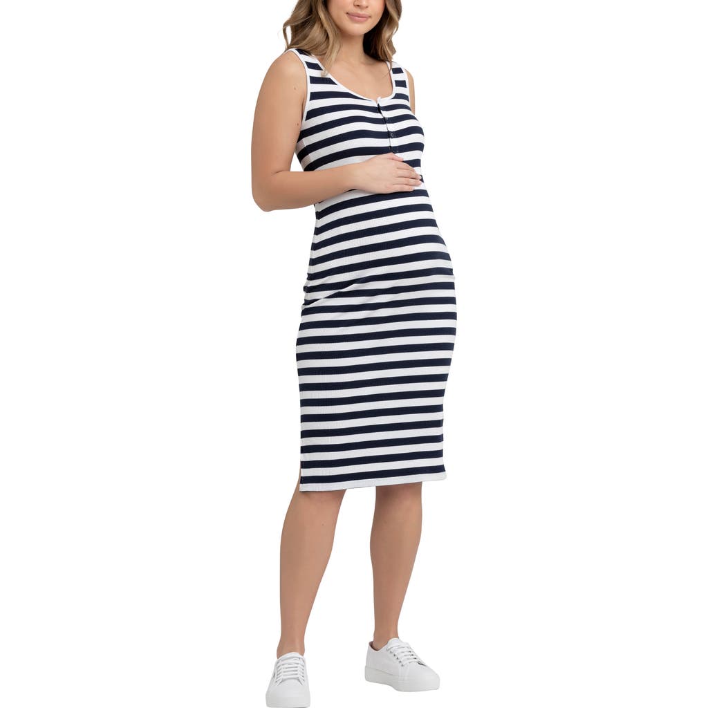 Ripe Maternity Lee Stripe Snap Button Maternity/nursing Dress In Blue