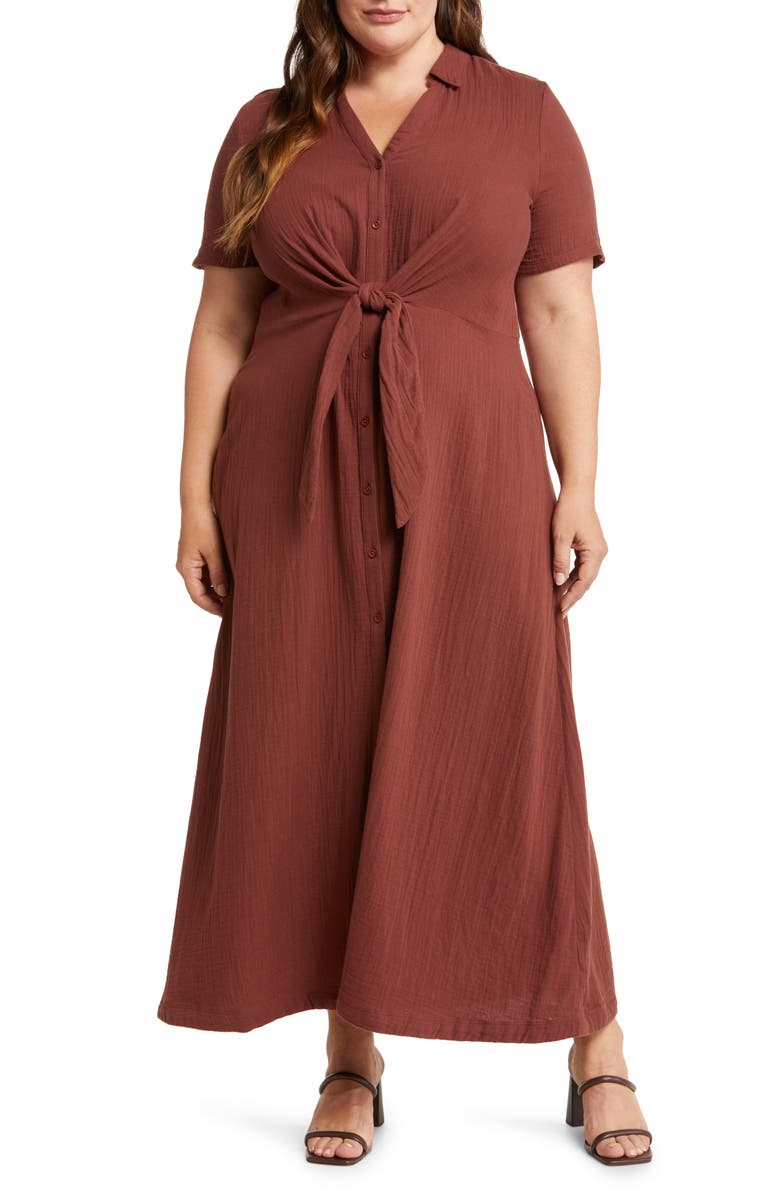 Caslon<sup>®</sup> Tie Front Cotton Gauze Maxi Dress, Main, color, Brown Raisin