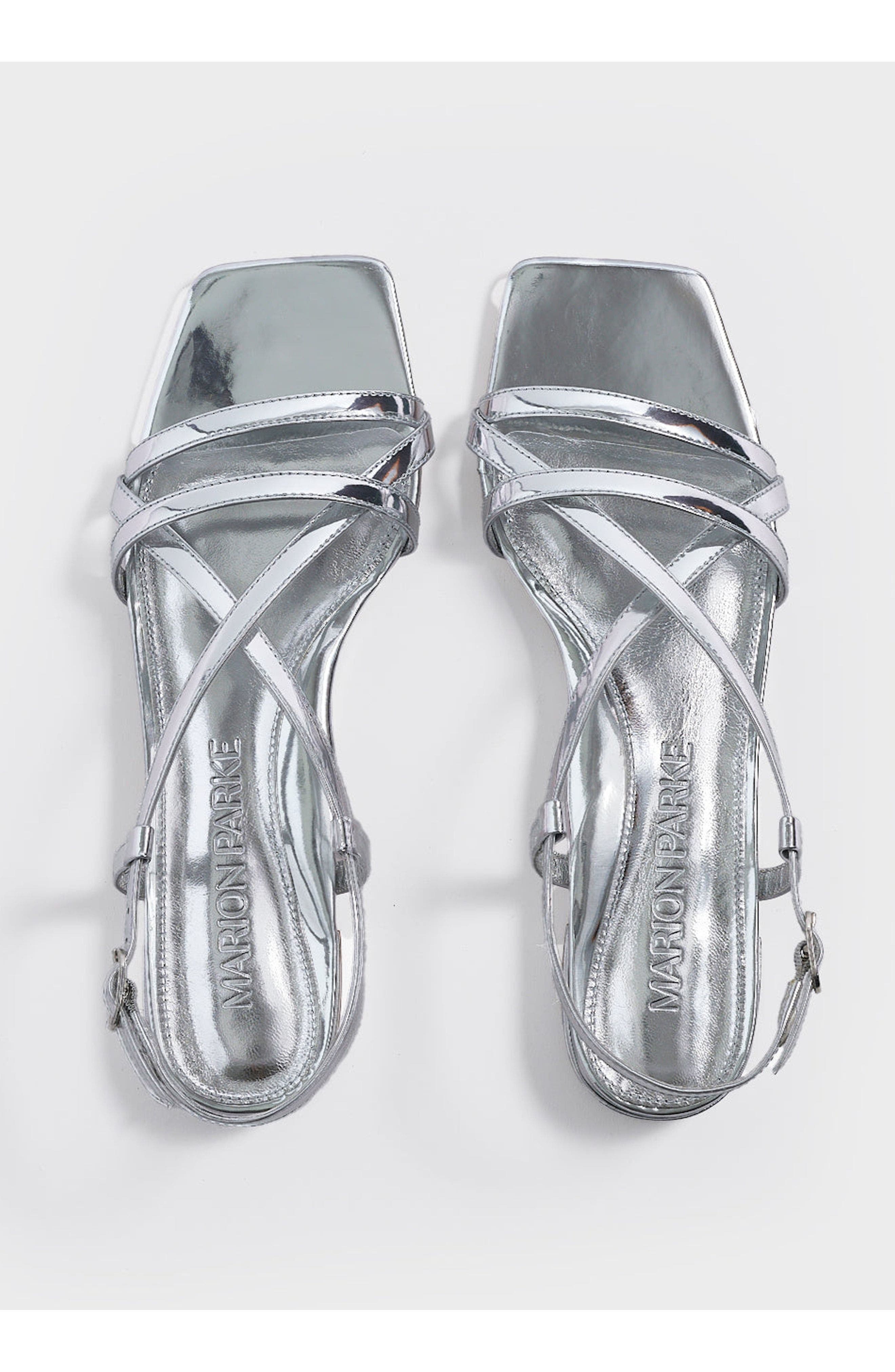 MARION PARKE Sabine Flat | Mirrored Leather, Alternate, color, Silver