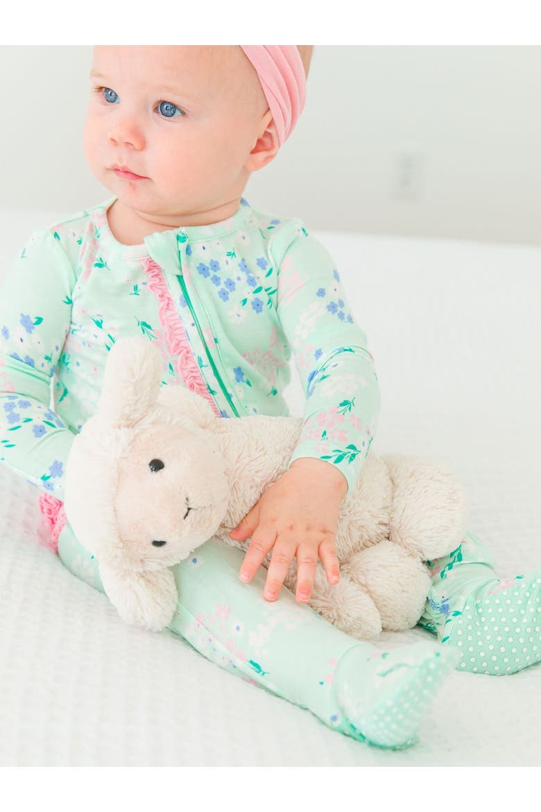Softsnooze Baby Girls Ruffle One Piece Footie Pajamas, Alternate, color, Mint Meadow