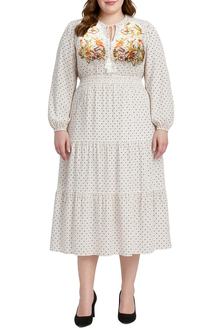 Polka Dot Long Sleeve Midi Dress, Main, color, WHITE