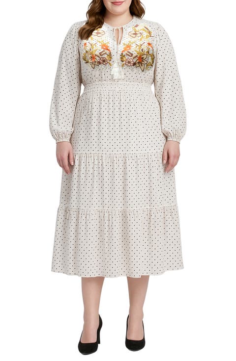 Polka Dot Long Sleeve Midi Dress (Plus)