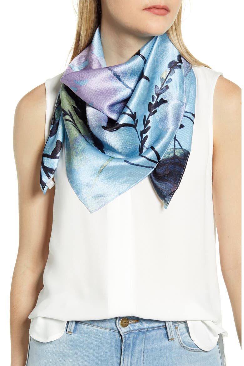 April Floral Print Hammered Silk Square Scarf, Main, color, BLUE APRIL FLORA PRINT