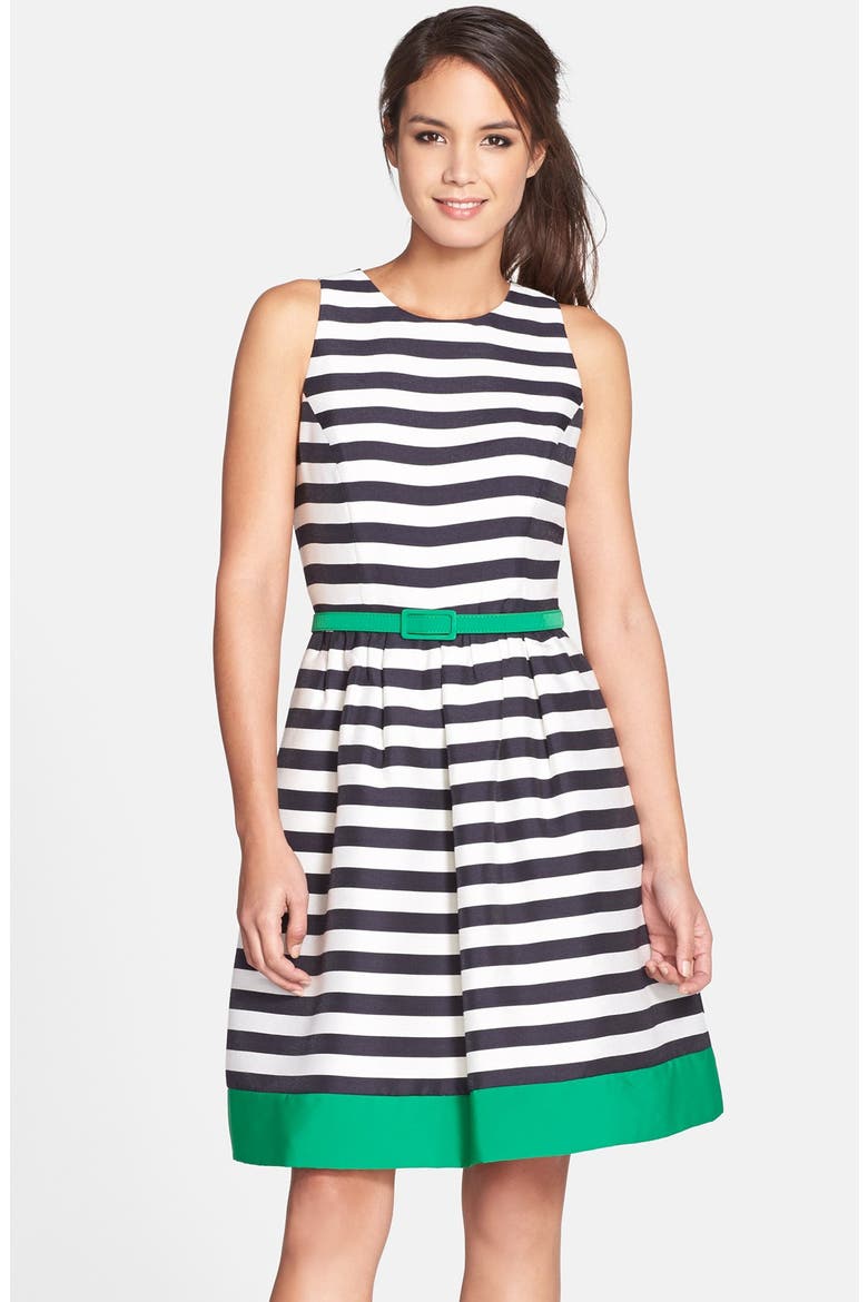 Belted Stripe Fit & Flare Dress, Main, color, NAVY/ IVORY/ GREEN